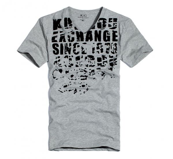 T Shirt col V avec design imprimé old school effacé - gris noir blanc