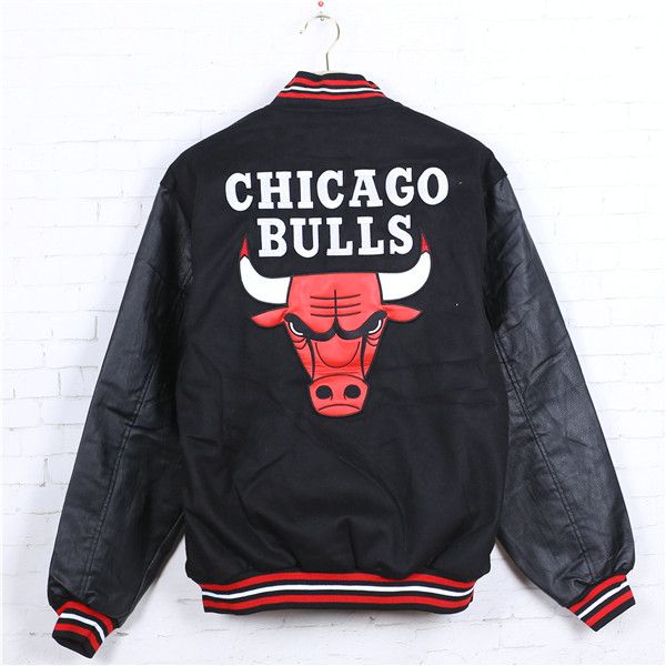 Blouson Bomber Chicago Bulls Rouge Manches Cuir Brodé NBA