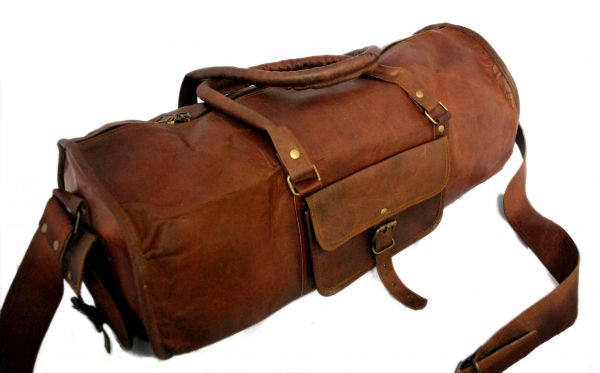 Sac de voyage duffle bag rond style sport en véritable cuir mode vintage - 18 pouces
