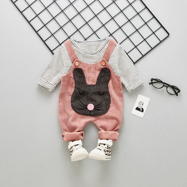 Ensemble salopette et t-shirt pour bébé petite fille avec lapin et rayures 