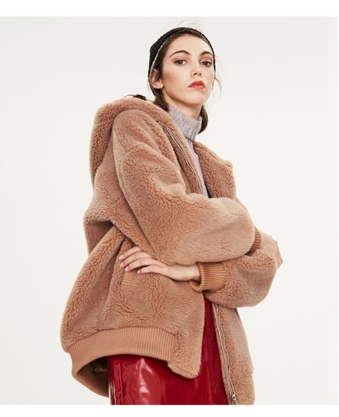 Manteau à capuche pour femme en laine oversize imitation mouton