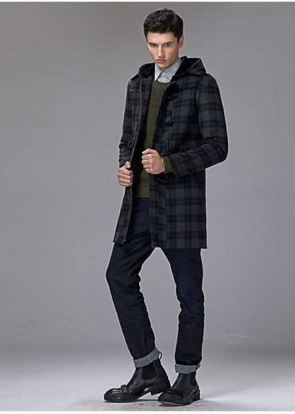 Manteau duffle long à carreaux homme en laine avec capuche