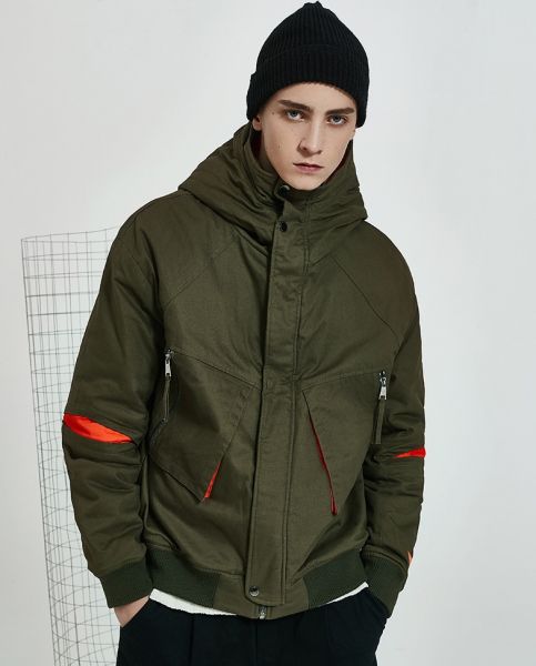 Manteau hiver en coton avec poches pour hommes à capuche couleur contraste