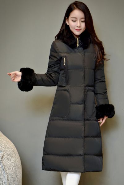 Manteau long pour femme avec bordure fourrure col et manches épaisse