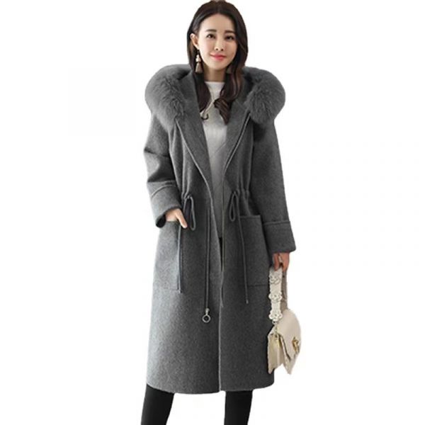 Manteau long capuche bordée de fausse fourrure pour femme