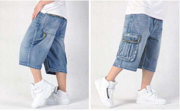 Short Baggy en Jeans Denim avec poche côté Longueur Genou