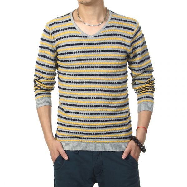 Pullover pour homme en tricot à rayures et col V