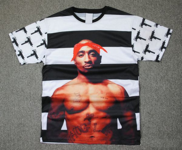 T shirt 2pac Tupac Shakur Fond Noir et Blanc Manches Uzi