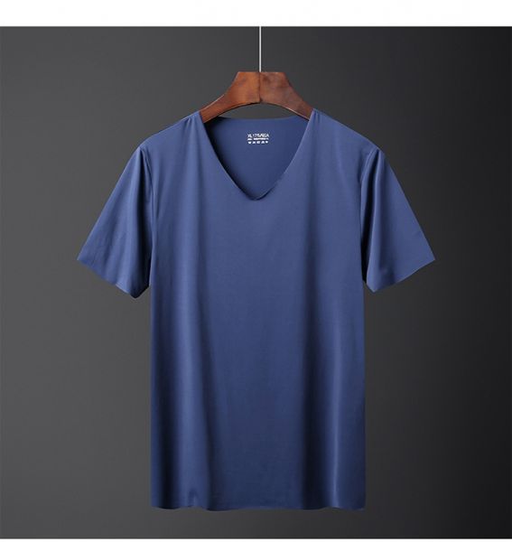 T-shirt manches courtes à séchage rapide pour homme tissu de soie glace  couleur unie col en v