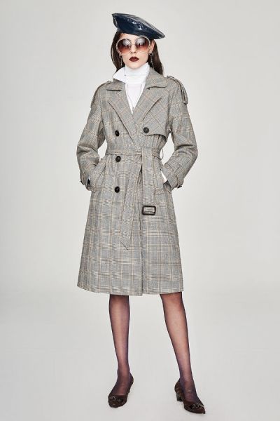 Trench-coat long à carreaux vintage pour femme