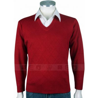 Pull en cachemire  col en V et fins motif a carreaux tricote - rouge