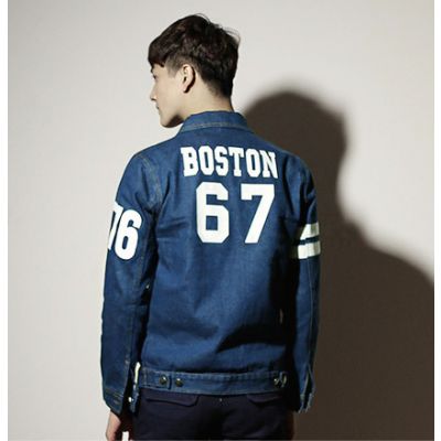 Blouson Jeans Homme Imprimé Blanc Boston 67 Bandes Blanches
