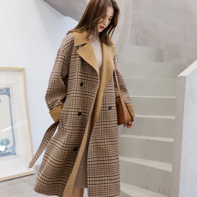 Manteau long à carreaux marron pour femme effet layering