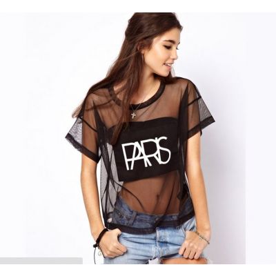 T shirt Transparent Bimatière pour femme avec Imprimé Paris