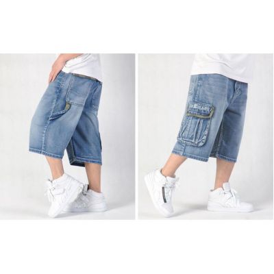 Short Baggy en Jeans Denim avec poche côté Longueur Genou