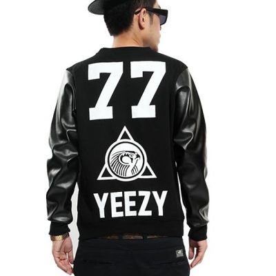 Pullover Bimatière Yeezy 77 avec Manches en Cuir Streetwear Hip Hop