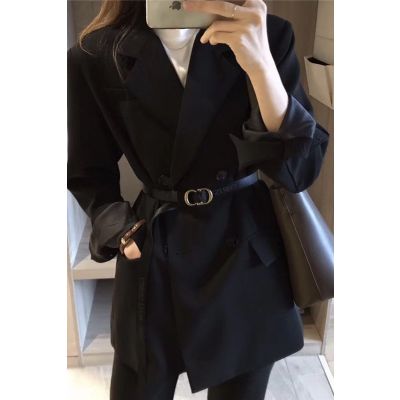 Veste de costume décontractée pour femme à double boutonnage en noir avec ceinture