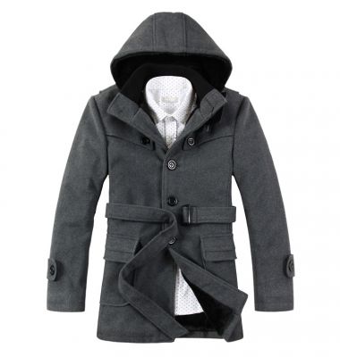 Manteau à capuche hiver fashion en laine pour homme avec ceinture