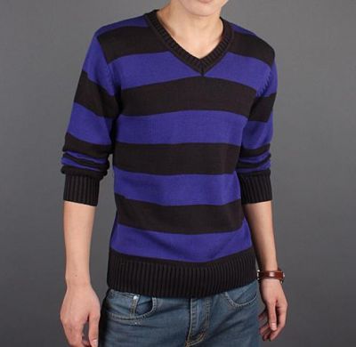 Sweatshirt col en V avec rayures larges - laine fine