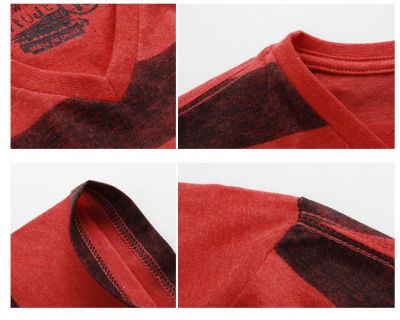T Shirt col V pour homme à rayures larges rouges et bordeaux