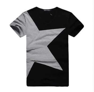 T Shirt col V pour homme avec design grosse étoile - gris blanc noir