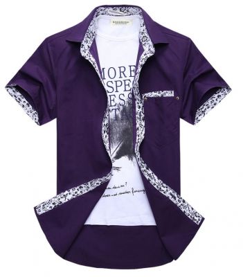 Chemise manches courtes unie avec bordure fantaisie violet blanc noir