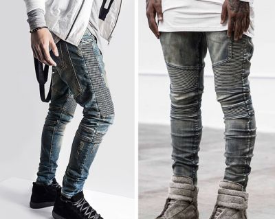 Biker Jeans Slim pour Homme Empiècement Côté Streetwear