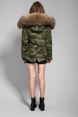 Blouson hiver pour femme avec capuche fourrure camouflage