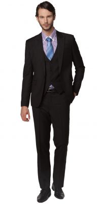 Costume Trois Pièce Cintré pour Bureau Mariage gilet veste pantalon - noir