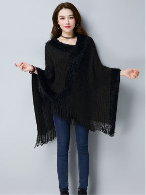 Cape en tricot knitwear pour femme avec bordure à frange