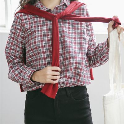 Chemise à carreaux rouges et gris pour femme manches longues