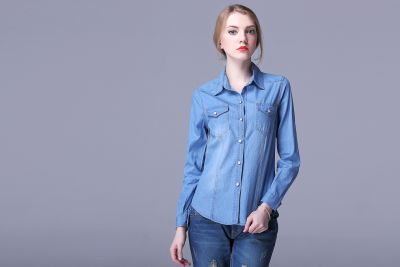 Chemise en Jeans pour Femme à manches longues avec boutons blancs