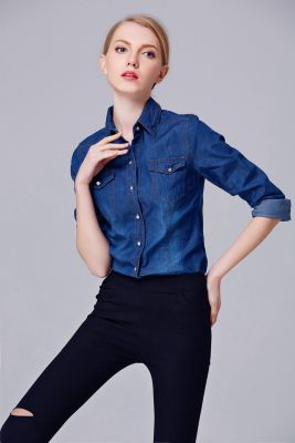 Chemise en Jeans pour Femme à manches longues avec boutons blancs