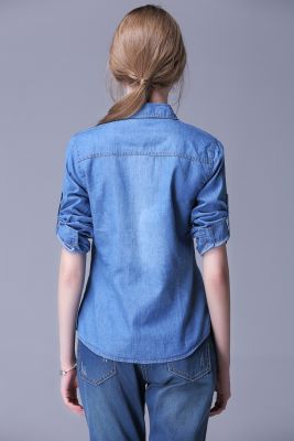 Chemise en Jeans pour Femme à manches longues avec manches retroussables
