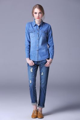 Chemise en Jeans pour Femme à manches longues avec manches retroussables