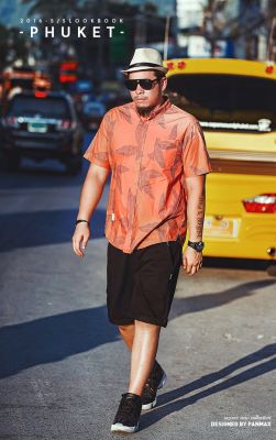 Chemise en lin manches courtes homme grande taille avec motif à fleurs oranges