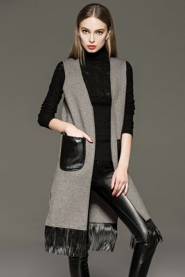 Gilet boléro pour femme knitwear avec poches cuir et frange