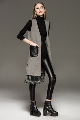 Gilet boléro pour femme knitwear avec poches cuir et frange