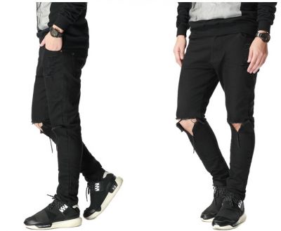 Jeans Slim avec Déchirure Genoux Trous - Noir