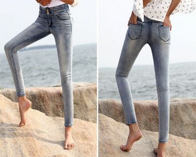 Jeans Taille Haute Skinny pour Femme avec Effet Délavé Sandblast