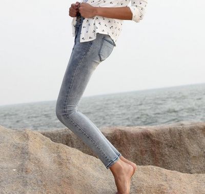 Jeans Taille Haute Skinny pour Femme avec Effet Délavé Sandblast