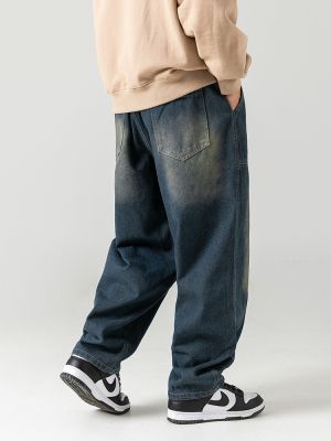Jeans baggy délavé pour homme avec empiècements poches et taille élastique à cordon