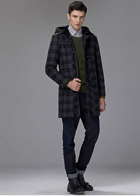 Manteau duffle long à carreaux homme en laine avec capuche