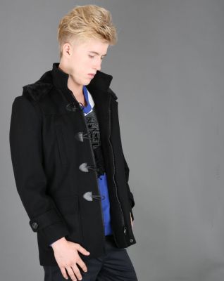 Manteau duffle pour homme avec boutons vintage et capuche doublé fourrure
