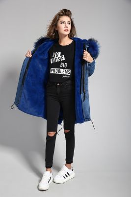 Manteau en jeans hiver pour femme avec capuche à fourrure