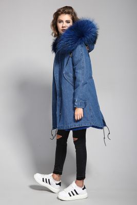 Manteau en jeans hiver pour femme avec capuche à fourrure