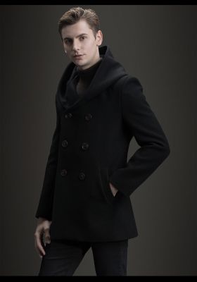 Manteau en laine à capuche pour homme avec boutonnage double