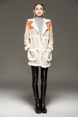 Manteau en laine épais hiver pour femme avec empiècements cuir