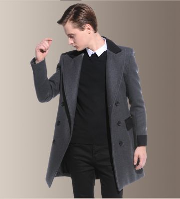 Manteau homme long gris avec col contrasté