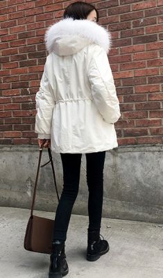Manteau épais à capuche bordée fausse fourrure d'hiver pour femme
